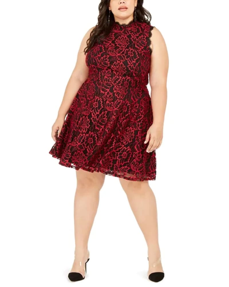 Front of a model wearing a size 18W City Studios Women's Plus Lace Fit & Flare Dress Red Size 18W in Red by City Studios. | dia_product_style_image_id:312927